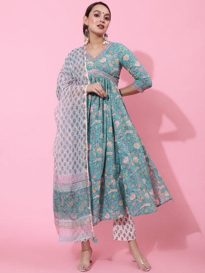 Cotton Calf Printed Semi-Flared 3/4 Sleeve V Kurta Bottom Dupatta Set