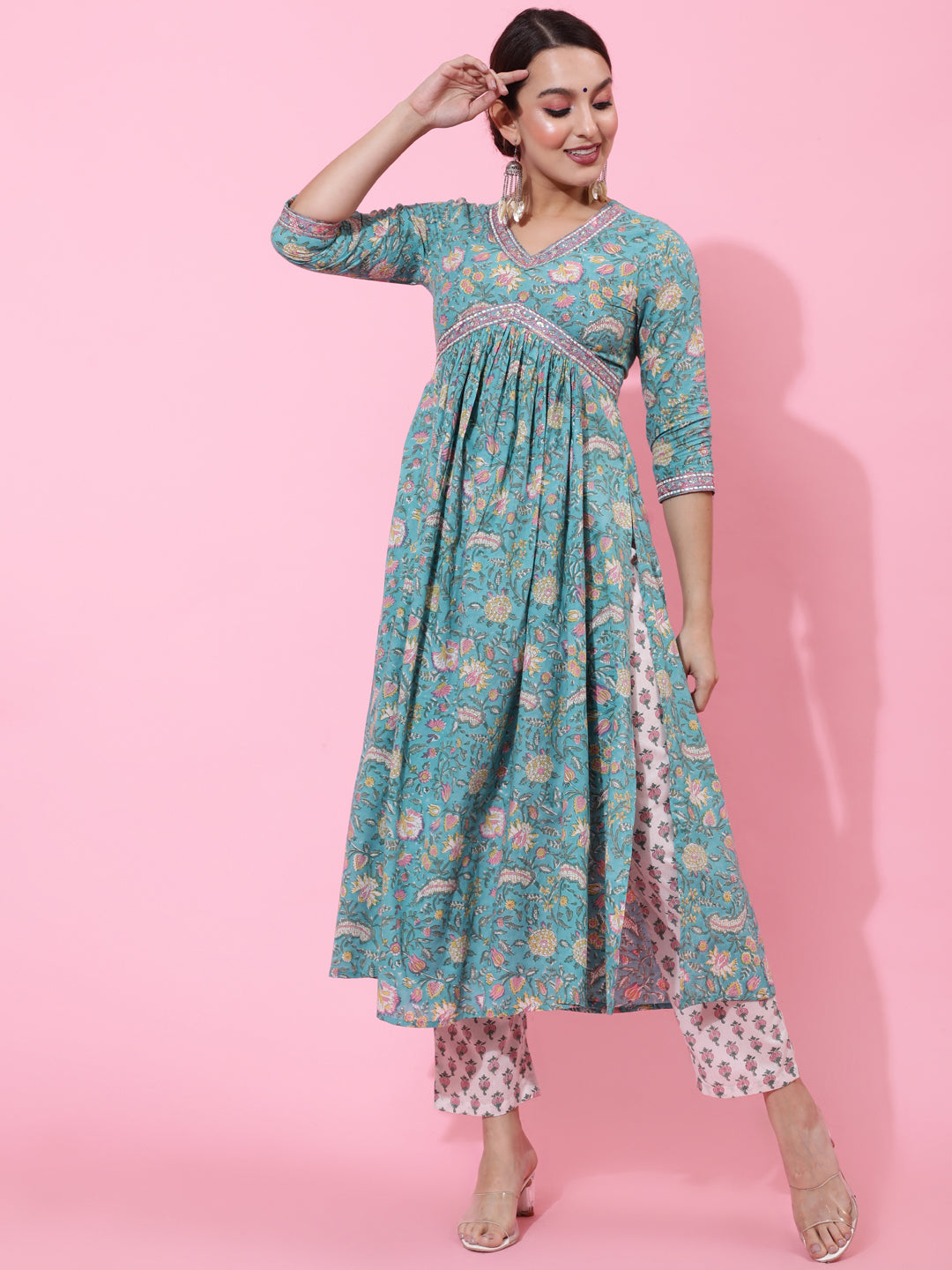 Cotton Calf Printed Semi-Flared 3/4 Sleeve V Kurta Bottom Dupatta Set