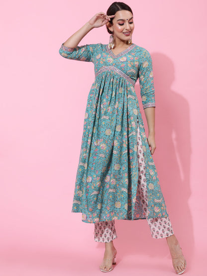 Cotton Calf Printed Semi-Flared 3/4 Sleeve V Kurta Bottom Dupatta Set