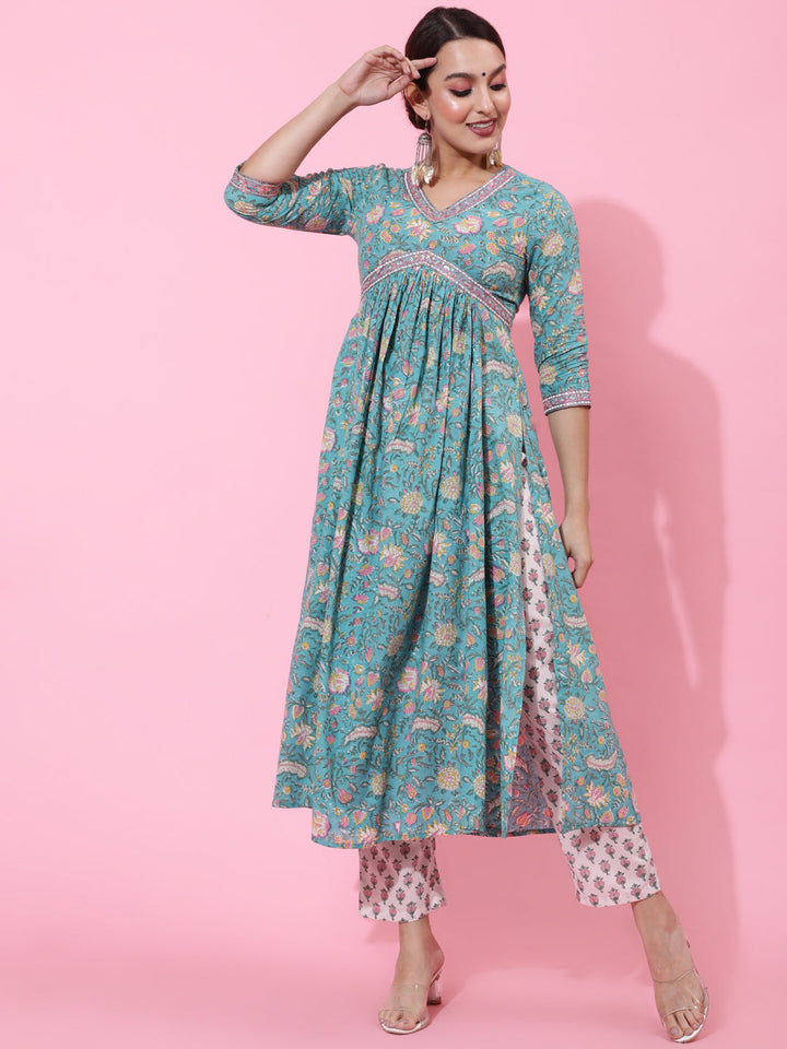 Cotton Calf Printed Semi-Flared 3/4 Sleeve V Kurta Bottom Dupatta Set