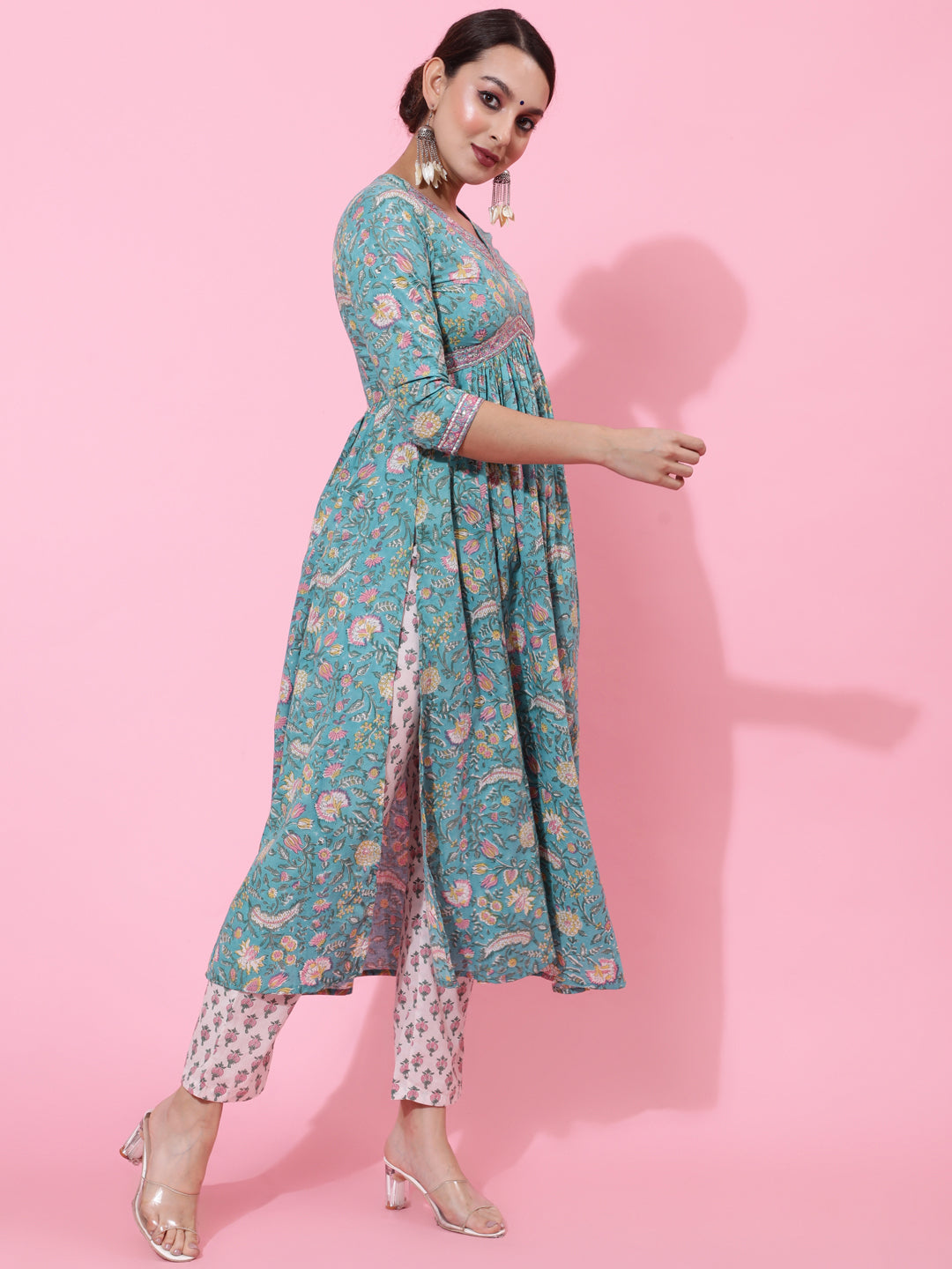 Cotton Calf Printed Semi-Flared 3/4 Sleeve V Kurta Bottom Dupatta Set