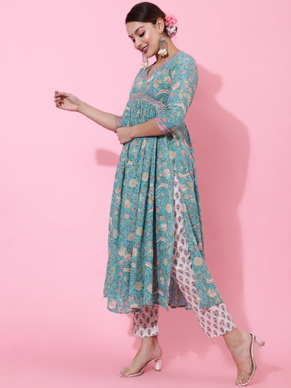 Cotton Calf Printed Semi-Flared 3/4 Sleeve V Kurta Bottom Dupatta Set