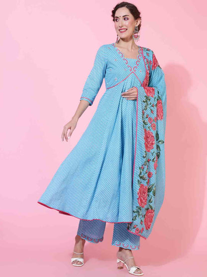 Cotton  Calf Length Printed Flared 3/4 sleeves V neck Kurta Bottom Dupatta Set