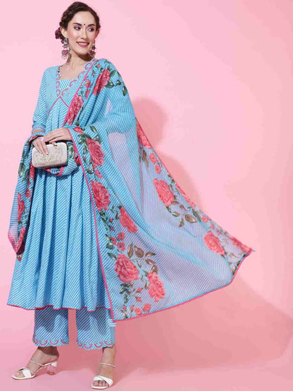 Cotton  Calf Length Printed Flared 3/4 sleeves V neck Kurta Bottom Dupatta Set