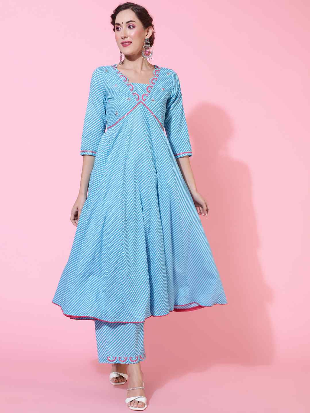 Cotton  Calf Length Printed Flared 3/4 sleeves V neck Kurta Bottom Dupatta Set