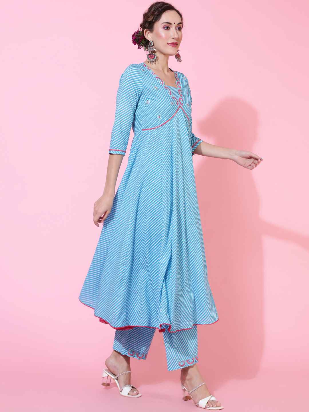 Cotton  Calf Length Printed Flared 3/4 sleeves V neck Kurta Bottom Dupatta Set