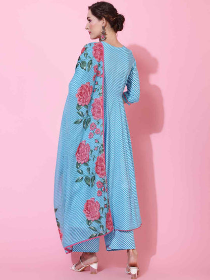 Cotton  Calf Length Printed Flared 3/4 sleeves V neck Kurta Bottom Dupatta Set