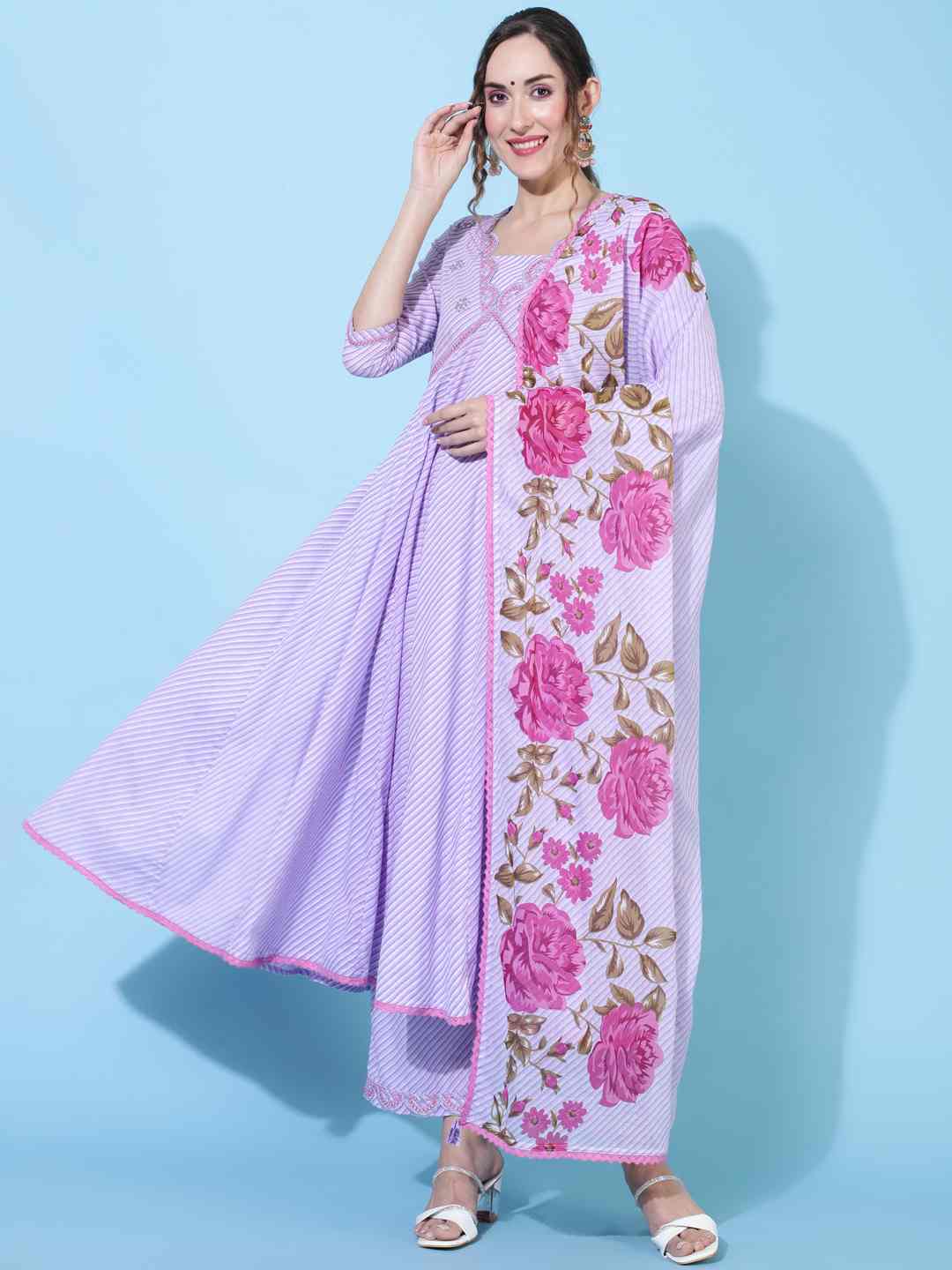 Cotton  Calf Length Printed Flared 3/4 sleeves V neck Kurta Bottom Dupatta Set