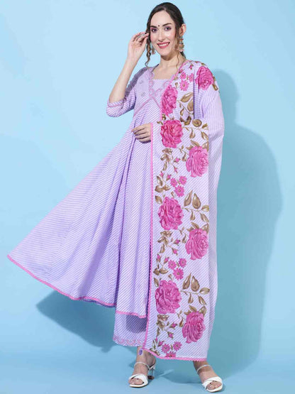 Cotton  Calf Length Printed Flared 3/4 sleeves V neck Kurta Bottom Dupatta Set