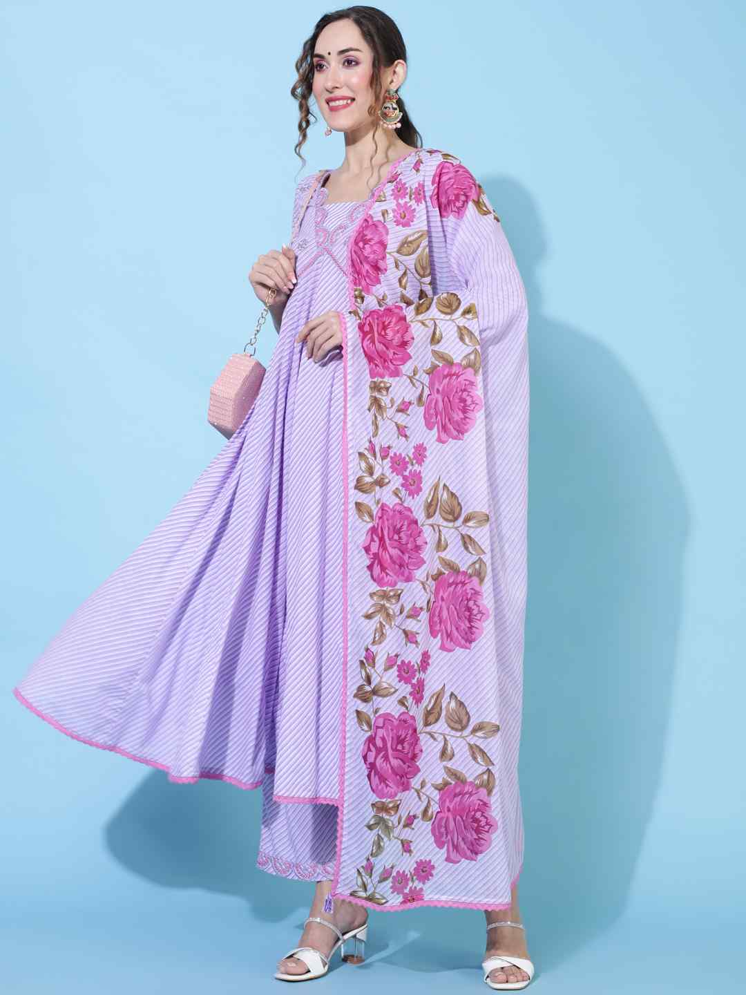 Cotton  Calf Length Printed Flared 3/4 sleeves V neck Kurta Bottom Dupatta Set