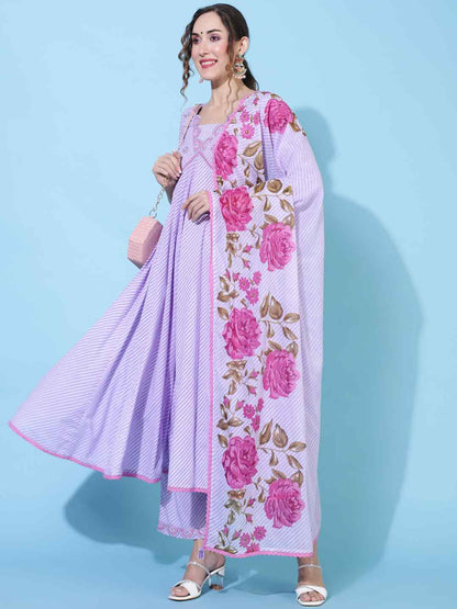 Cotton  Calf Length Printed Flared 3/4 sleeves V neck Kurta Bottom Dupatta Set