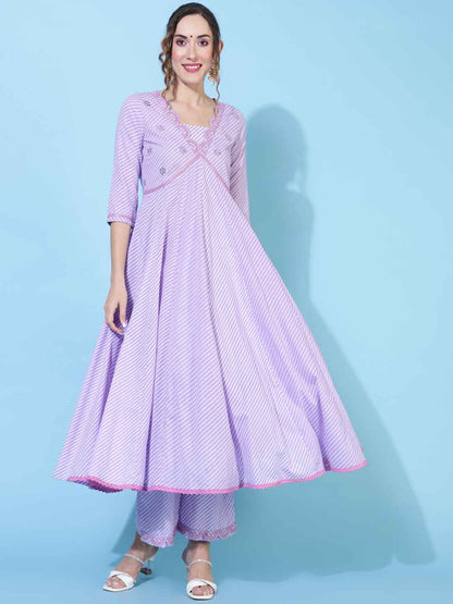 Cotton  Calf Length Printed Flared 3/4 sleeves V neck Kurta Bottom Dupatta Set