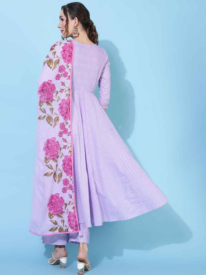 Cotton  Calf Length Printed Flared 3/4 sleeves V neck Kurta Bottom Dupatta Set