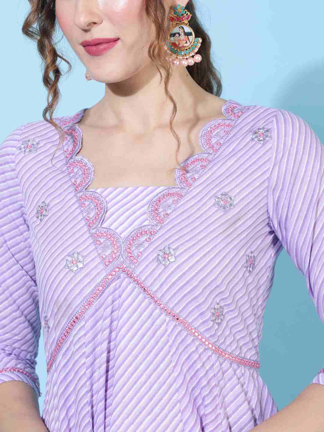 Cotton  Calf Length Printed Flared 3/4 sleeves V neck Kurta Bottom Dupatta Set