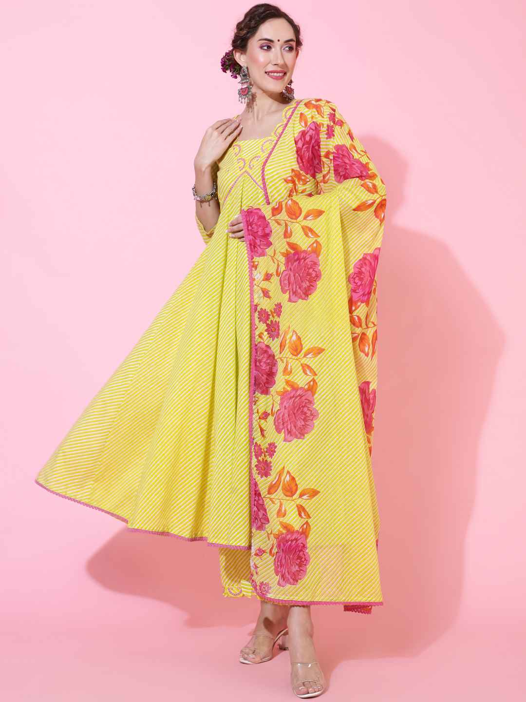 Cotton  Calf Length Printed Flared 3/4 sleeves V neck Kurta Bottom Dupatta Set