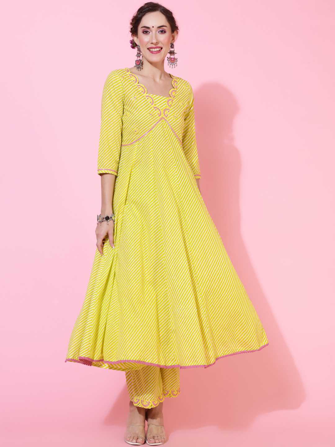 Cotton  Calf Length Printed Flared 3/4 sleeves V neck Kurta Bottom Dupatta Set