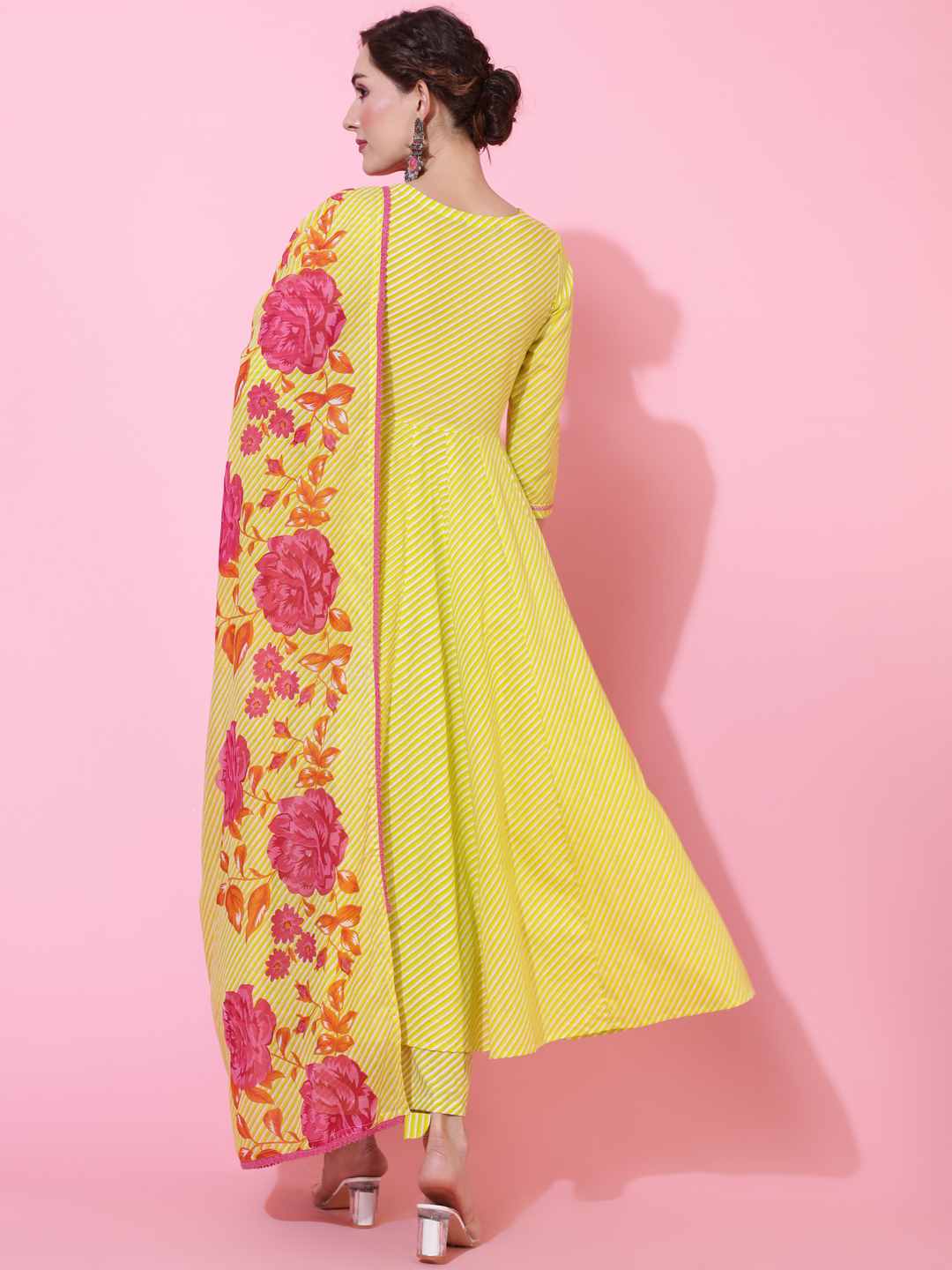 Cotton  Calf Length Printed Flared 3/4 sleeves V neck Kurta Bottom Dupatta Set