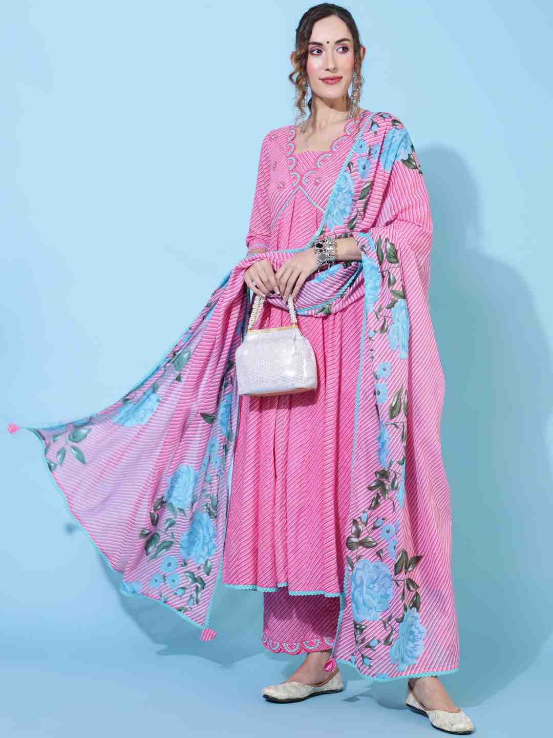 Cotton  Calf Length Printed Flared 3/4 sleeves V neck Kurta Bottom Dupatta Set