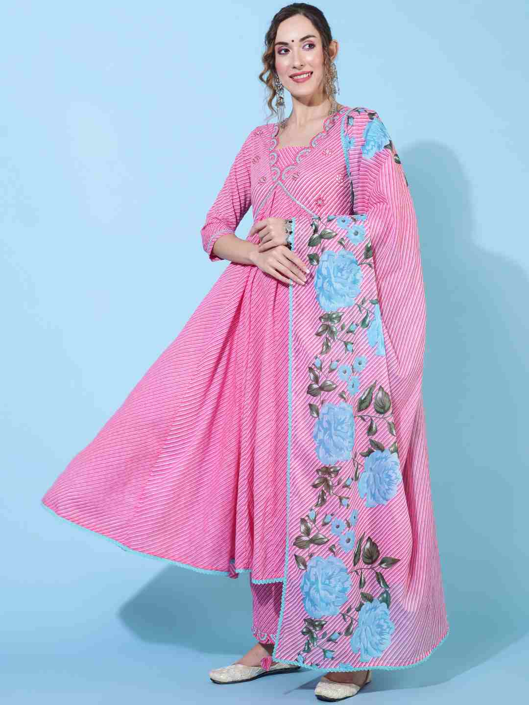 Cotton  Calf Length Printed Flared 3/4 sleeves V neck Kurta Bottom Dupatta Set