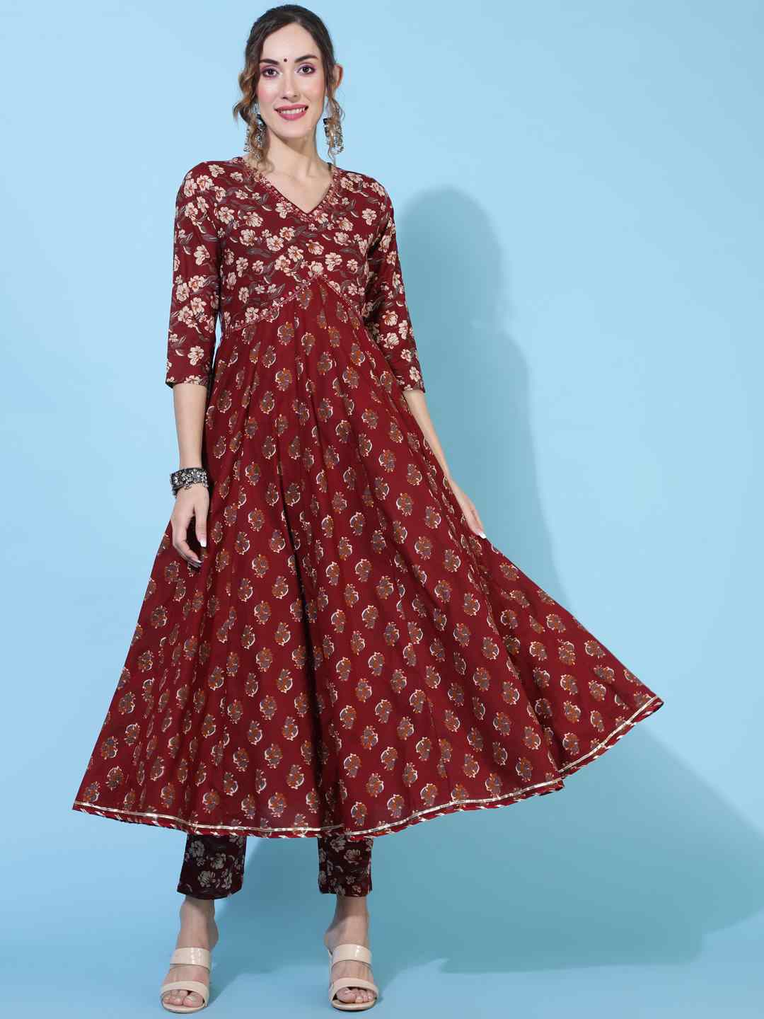 Cotton  Calf Length Printed Flared 3/4 sleeves V neck Kurta Bottom Dupatta Set