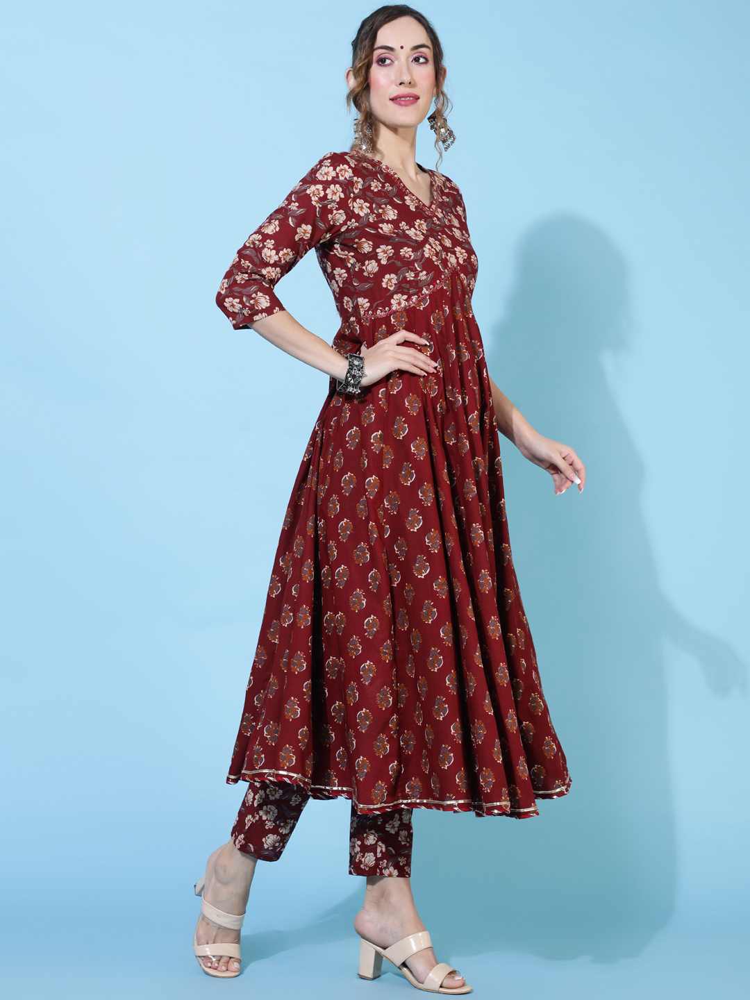 Cotton  Calf Length Printed Flared 3/4 sleeves V neck Kurta Bottom Dupatta Set