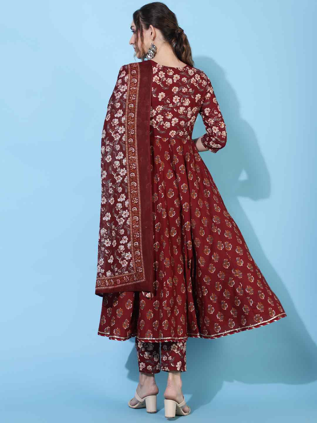 Cotton  Calf Length Printed Flared 3/4 sleeves V neck Kurta Bottom Dupatta Set