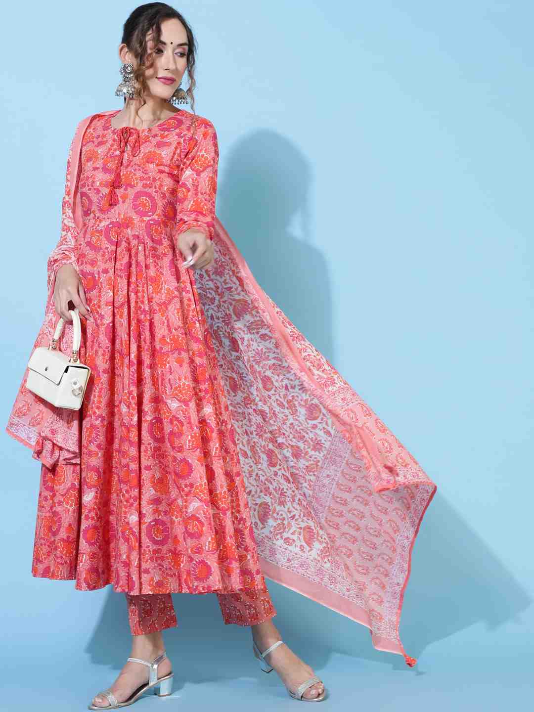 Cotton  Calf Length Printed Flared 3/4 sleeves Round Kurta Bottom Dupatta Set