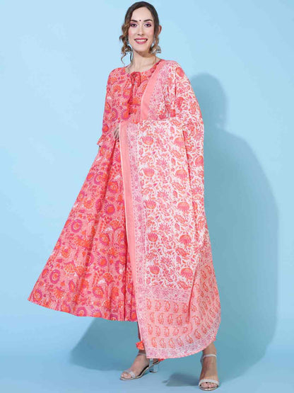 Cotton  Calf Length Printed Flared 3/4 sleeves Round Kurta Bottom Dupatta Set