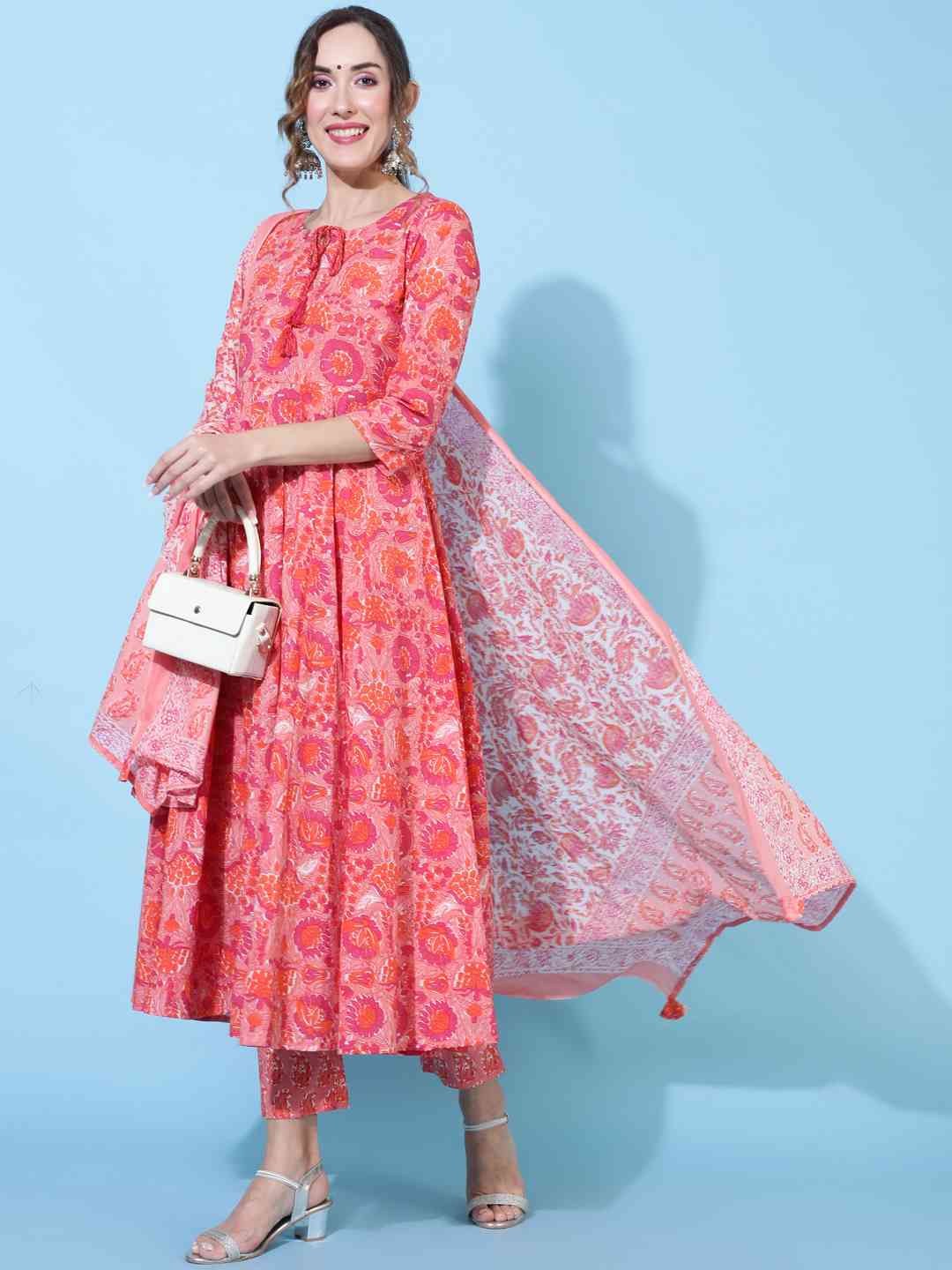 Cotton  Calf Length Printed Flared 3/4 sleeves Round Kurta Bottom Dupatta Set