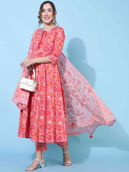 Cotton  Calf Length Printed Flared 3/4 sleeves Round Kurta Bottom Dupatta Set