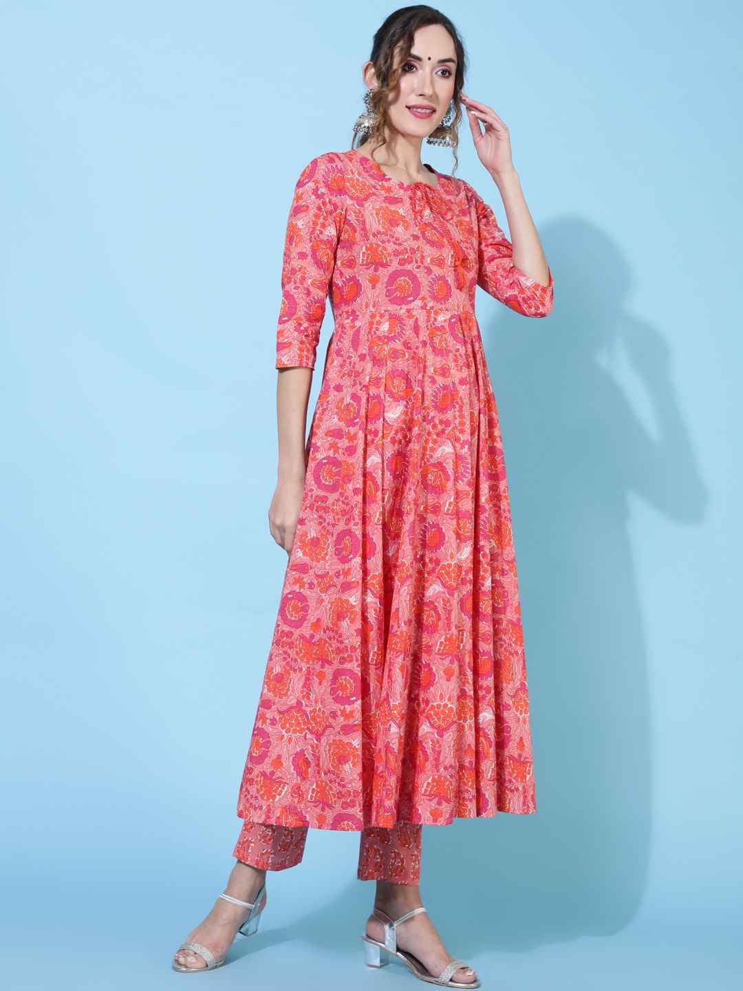 Cotton  Calf Length Printed Flared 3/4 sleeves Round Kurta Bottom Dupatta Set