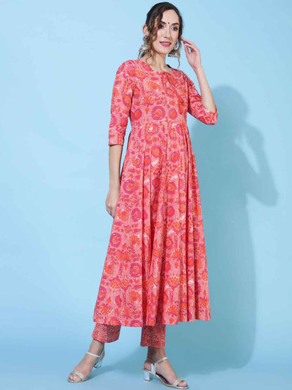 Cotton  Calf Length Printed Flared 3/4 sleeves Round Kurta Bottom Dupatta Set