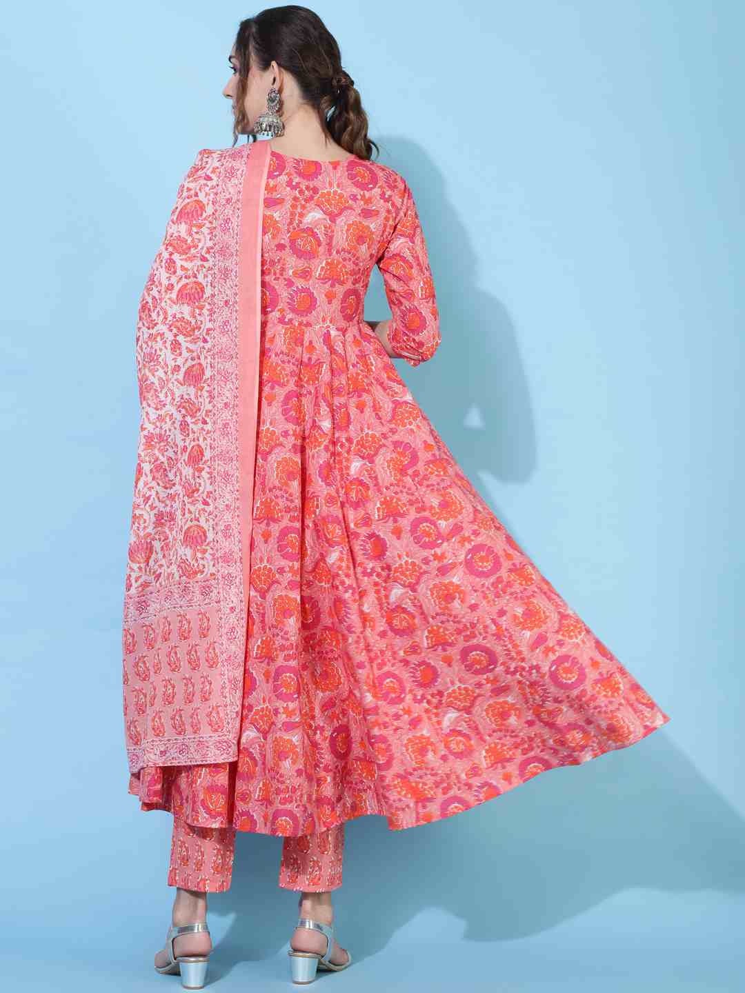 Cotton  Calf Length Printed Flared 3/4 sleeves Round Kurta Bottom Dupatta Set