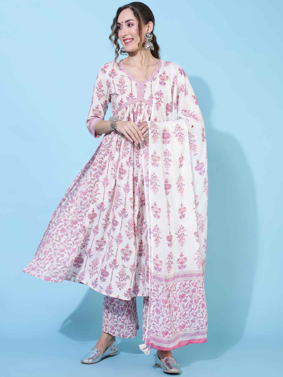 Cotton  Calf Length Printed Flared 3/4 sleeves V neck Kurta Bottom Dupatta Set