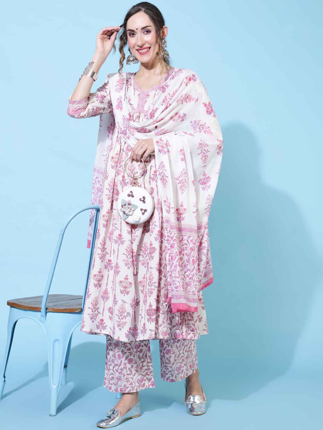 Cotton  Calf Length Printed Flared 3/4 sleeves V neck Kurta Bottom Dupatta Set