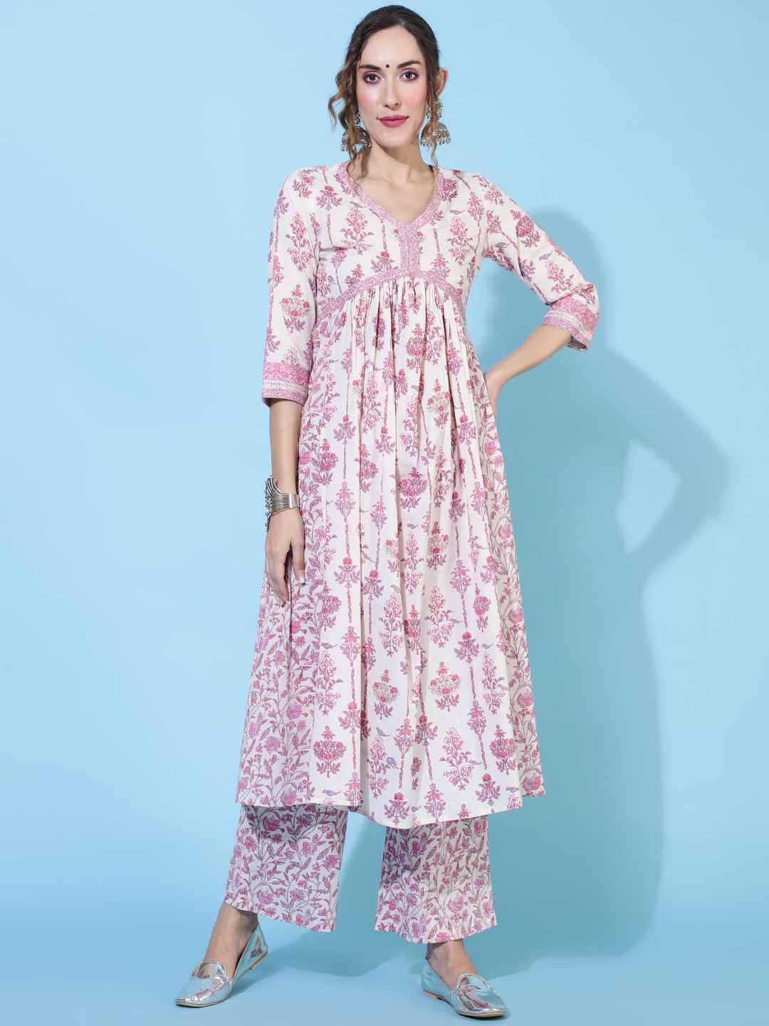Cotton  Calf Length Printed Flared 3/4 sleeves V neck Kurta Bottom Dupatta Set