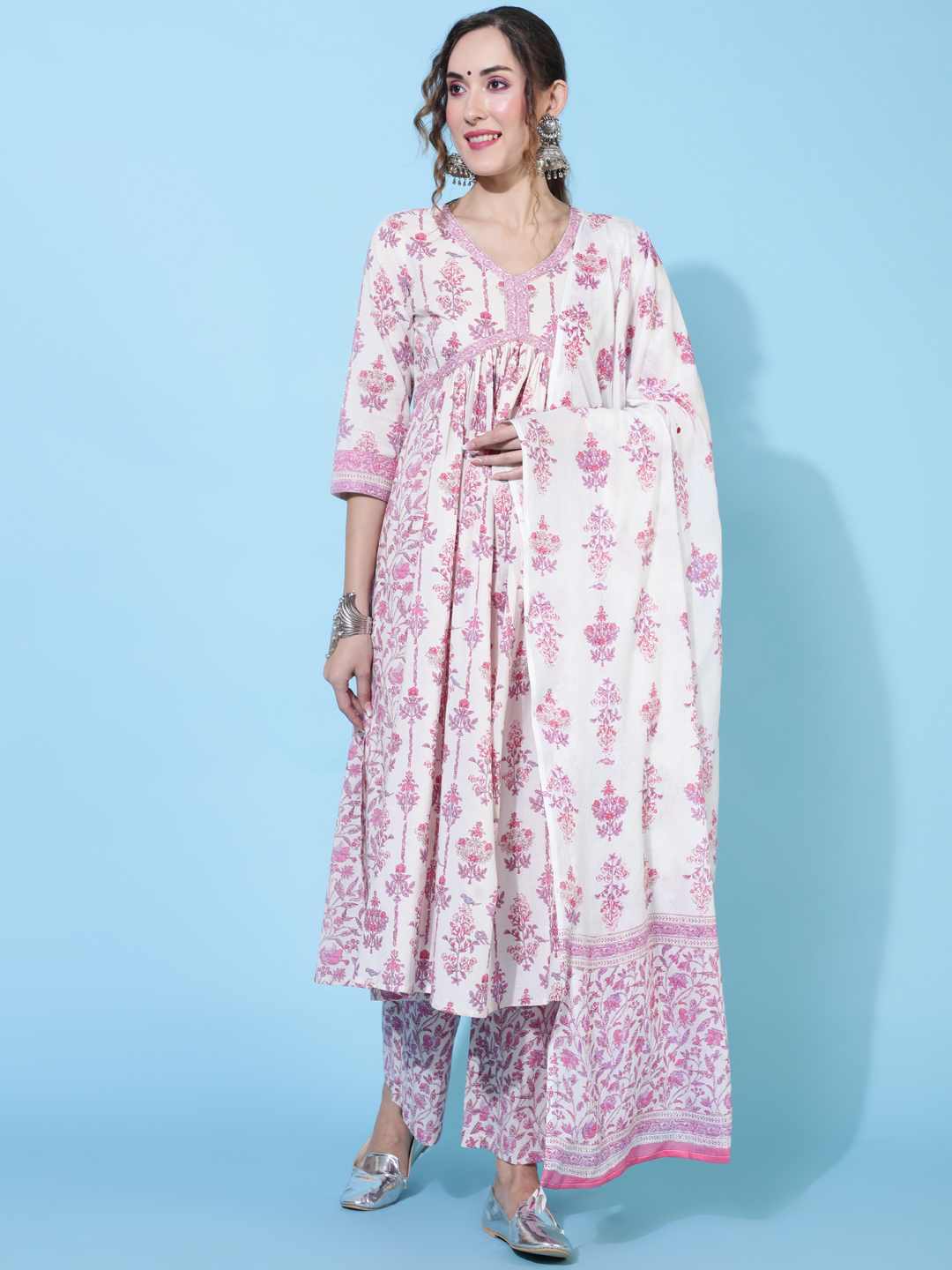 Cotton  Calf Length Printed Flared 3/4 sleeves V neck Kurta Bottom Dupatta Set