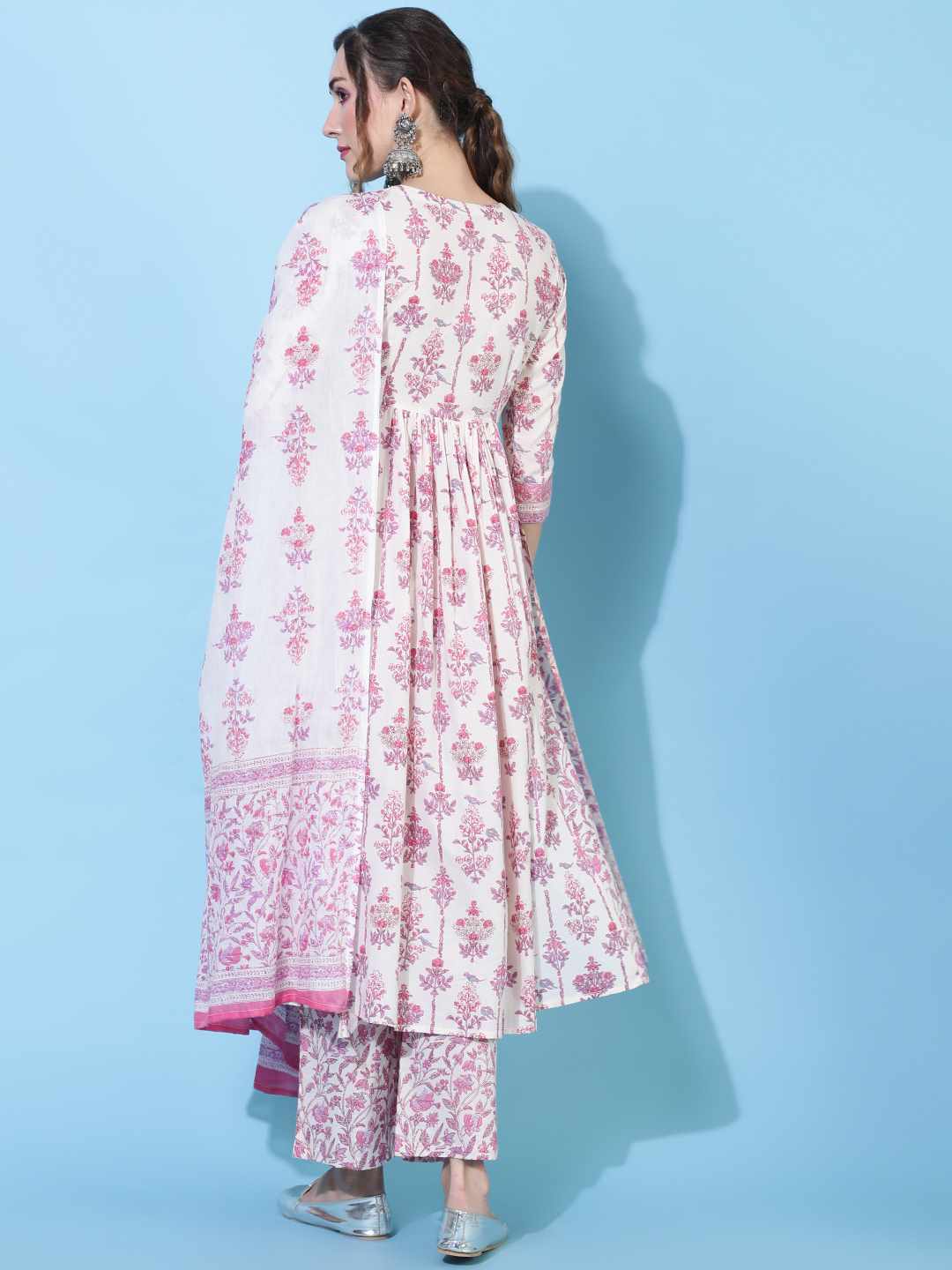 Cotton  Calf Length Printed Flared 3/4 sleeves V neck Kurta Bottom Dupatta Set