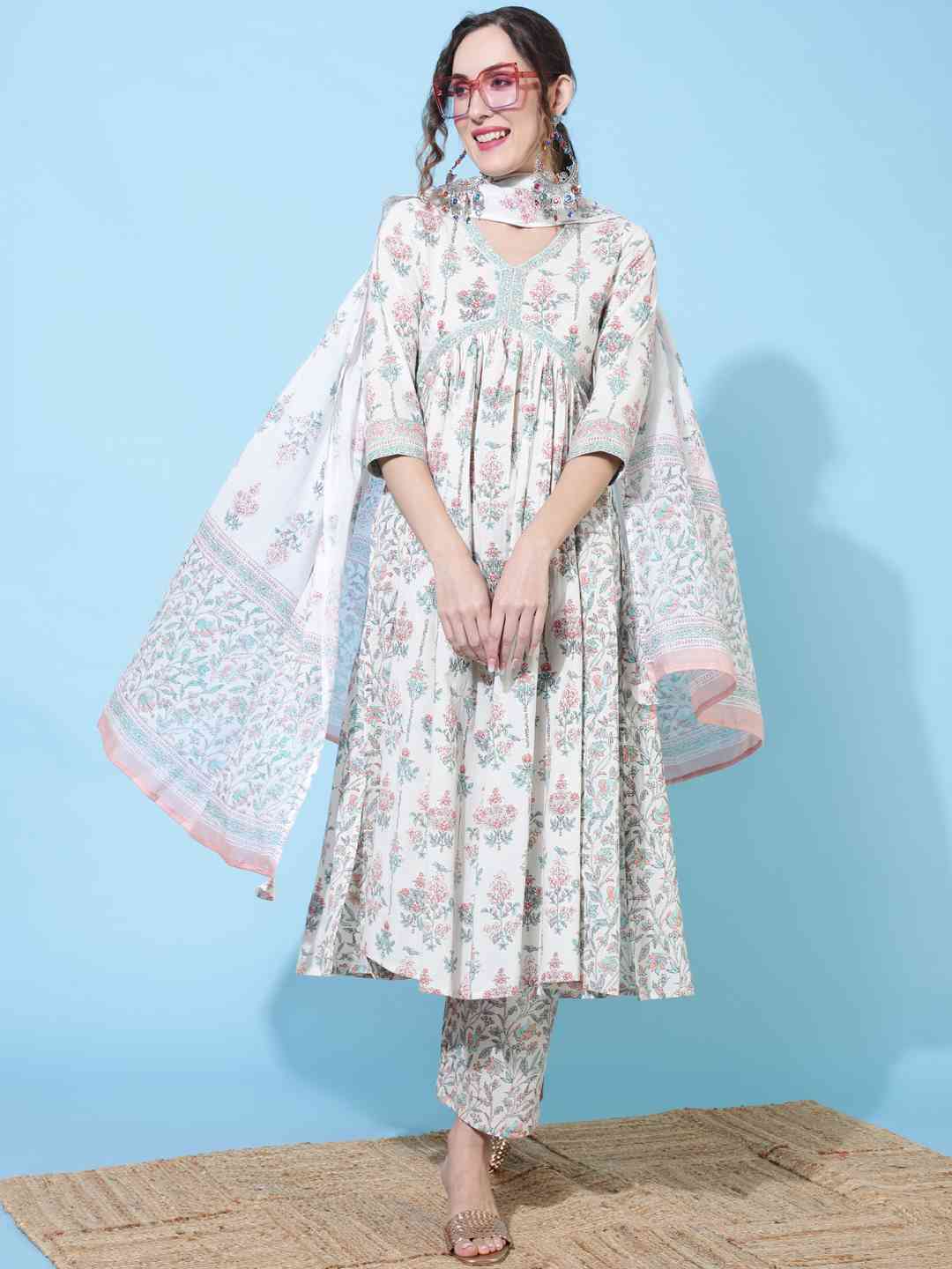 Cotton  Calf Length Printed Flared 3/4 sleeves V neck Kurta Bottom Dupatta Set