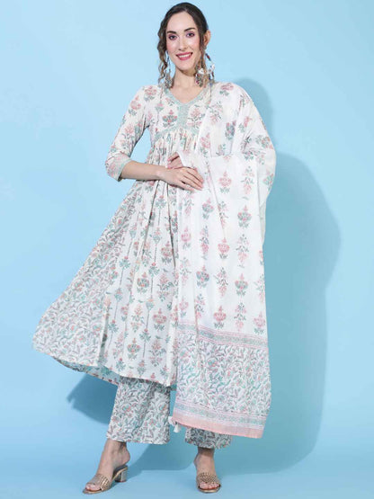Cotton  Calf Length Printed Flared 3/4 sleeves V neck Kurta Bottom Dupatta Set