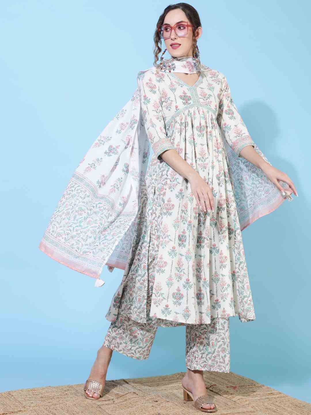 Cotton  Calf Length Printed Flared 3/4 sleeves V neck Kurta Bottom Dupatta Set