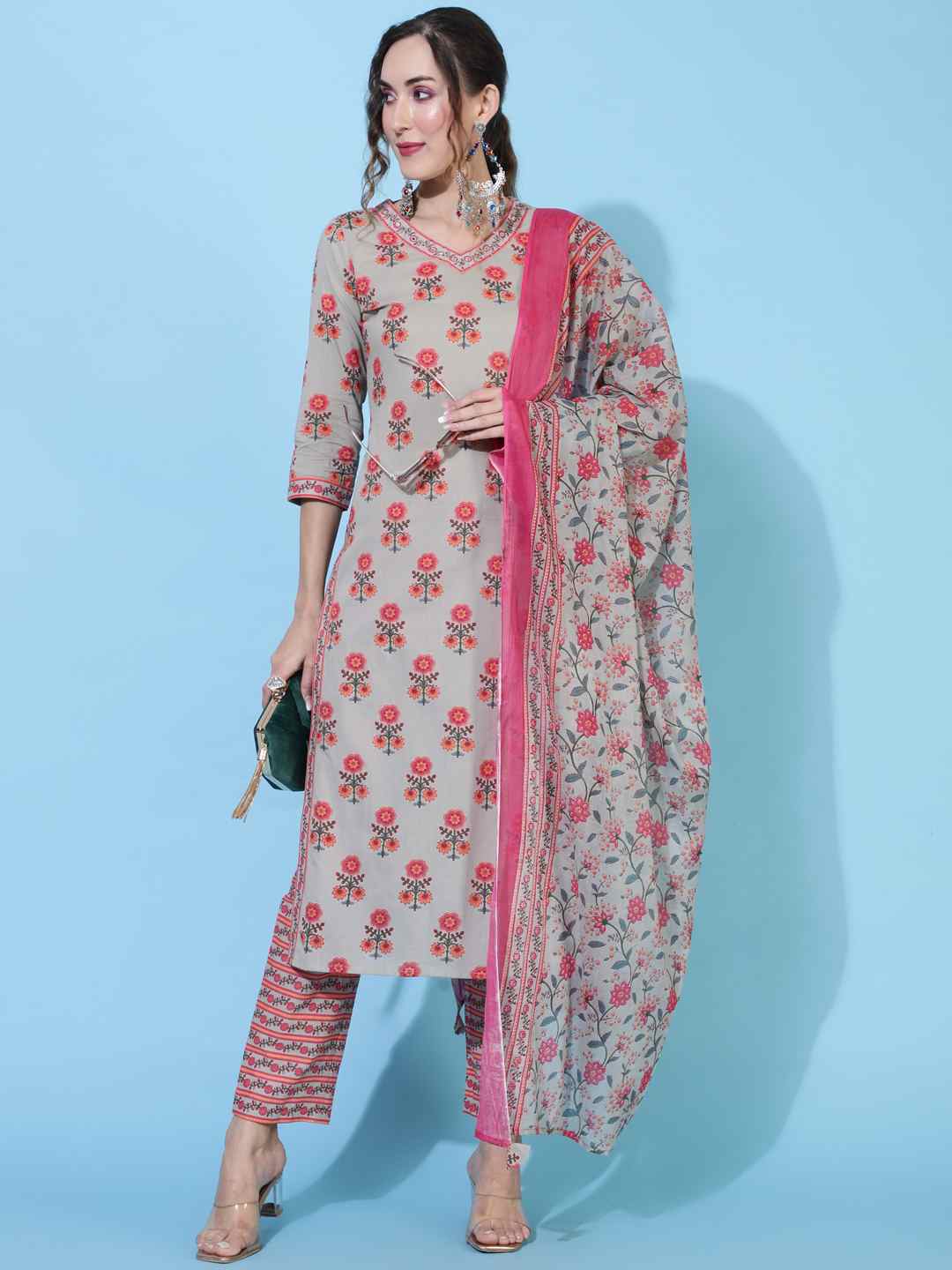 Cotton  Calf Length Printed Straight 3/4 sleeves V neck Kurta Bottom Dupatta Set