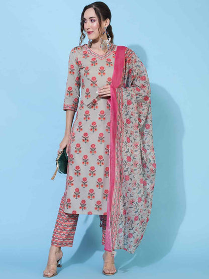 Cotton  Calf Length Printed Straight 3/4 sleeves V neck Kurta Bottom Dupatta Set