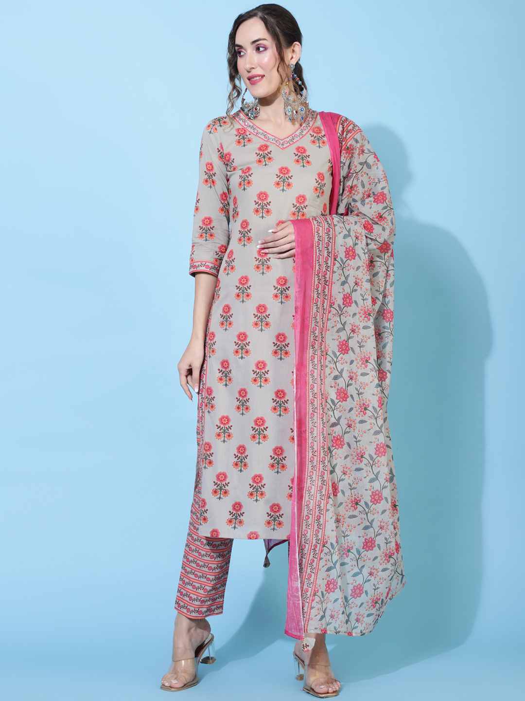 Cotton  Calf Length Printed Straight 3/4 sleeves V neck Kurta Bottom Dupatta Set