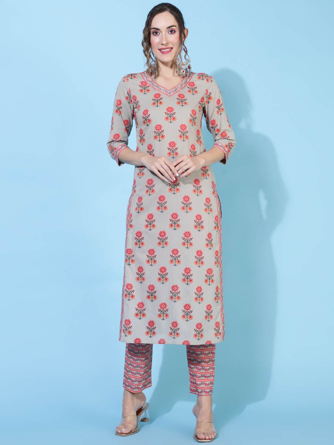 Cotton  Calf Length Printed Straight 3/4 sleeves V neck Kurta Bottom Dupatta Set