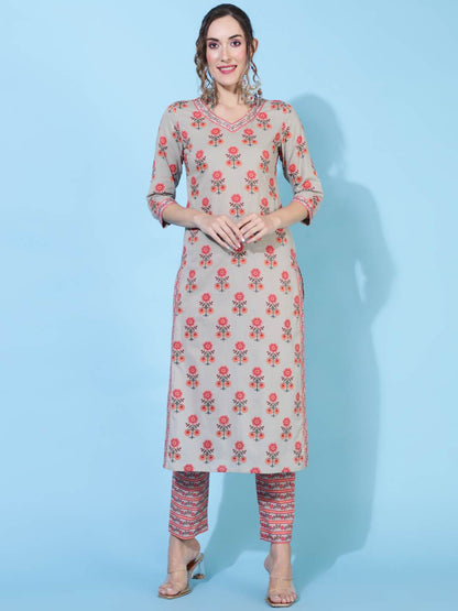Cotton  Calf Length Printed Straight 3/4 sleeves V neck Kurta Bottom Dupatta Set