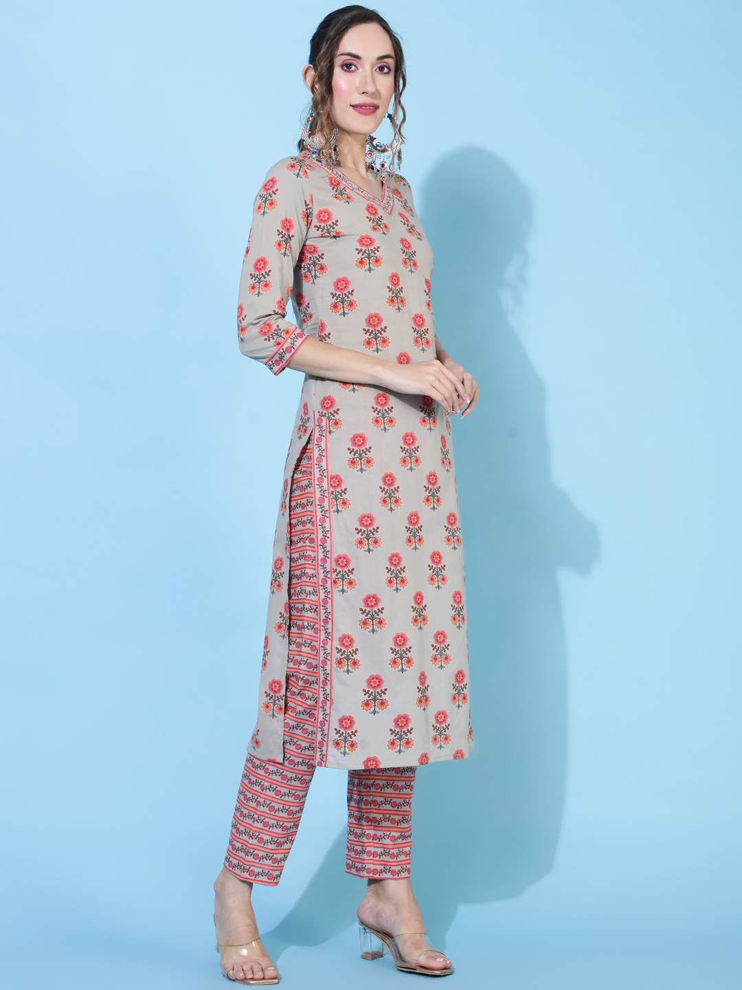 Cotton  Calf Length Printed Straight 3/4 sleeves V neck Kurta Bottom Dupatta Set