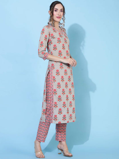Cotton  Calf Length Printed Straight 3/4 sleeves V neck Kurta Bottom Dupatta Set
