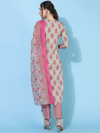 Cotton  Calf Length Printed Straight 3/4 sleeves V neck Kurta Bottom Dupatta Set
