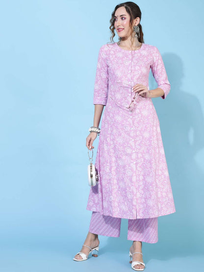 Rayon  Calf Length Printed A-line 3/4 sleeves Round Kurta Bottom Set